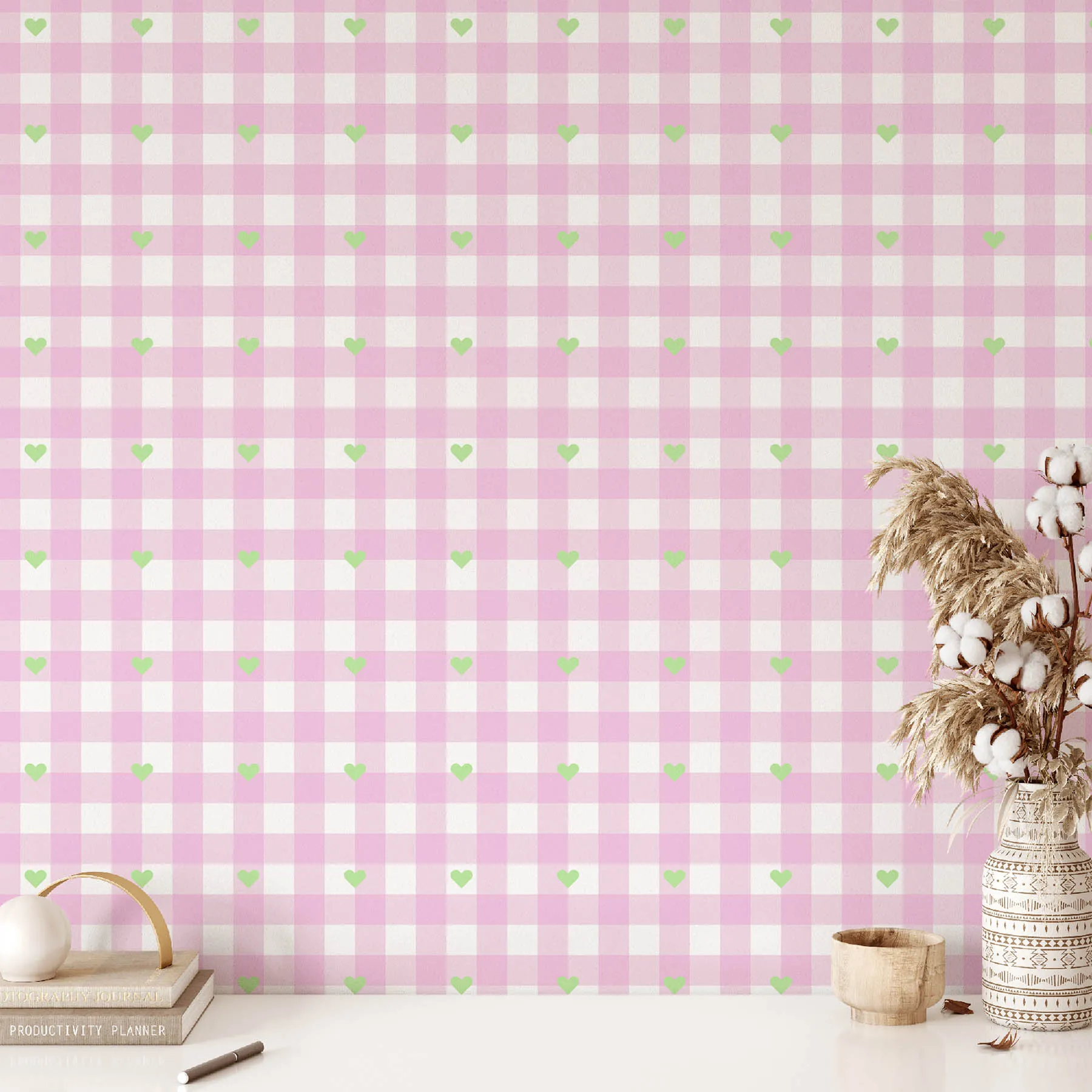 Pink and Green Heart Gingham Repeat Pattern preview 2