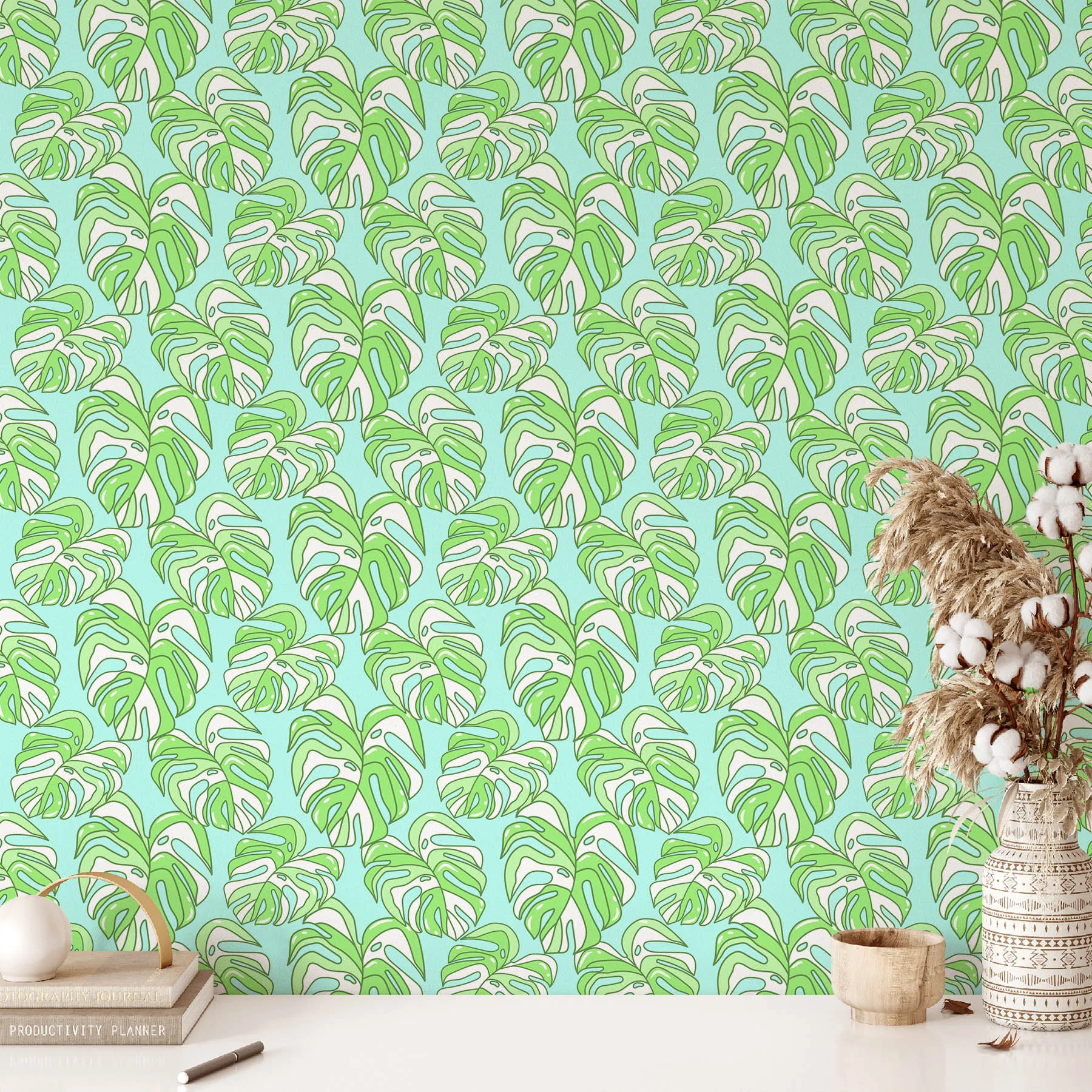 Tropical Monstera Leaves Seamless Pattern 2 preview 2